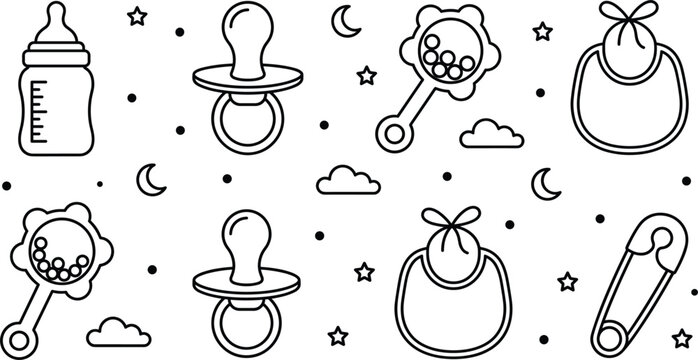 Cute newborn baby care line art vector elements set featuring feeding bottle pacifier rattle bib and safety pin