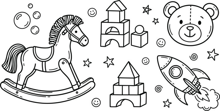 Cute nursery toys line art vector elements set featuring rocking horse wooden building blocks teddy bear and rocket