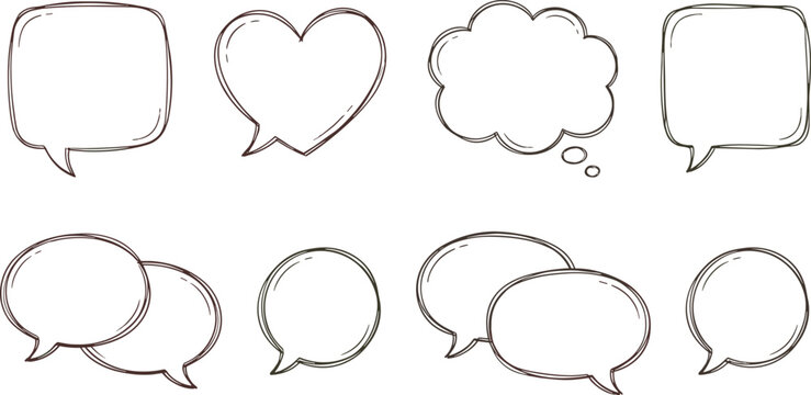 Hand Drawn Blank Speech Bubble Icon Set with Sketch Heart, Cloud Thought Balloon, and Dialogue Frames for Custom Text, Quotes, and Comic Book Designs
