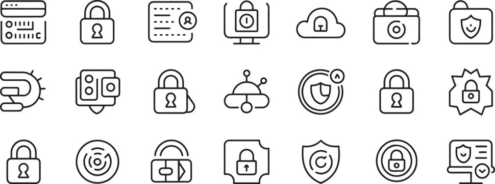 Lock and Cybersecurity Icons Set with Padlocks, Shield Protection, Alerts, Passwords, and Secure Sign-in Line Art