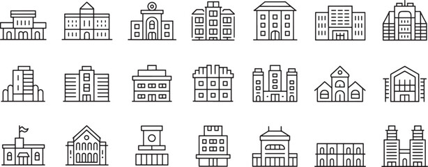 Buildings City Skyline Icon Set with Thin Black Outline Line Art for Urban Architecture and Travel Design Elements © md