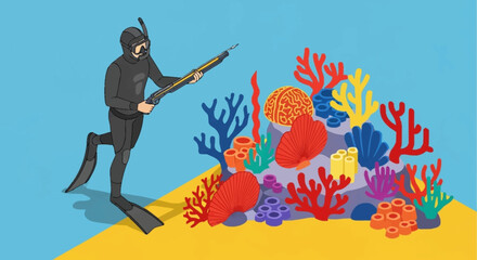 Scuba diver with speargun near colorful coral reef and marine life. © Naur