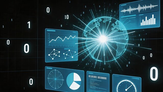 Global data network visualization, binary code floating around earth globe, digital connectivity, big data analytics, cyber space infrastructure, futuristic technology background,
