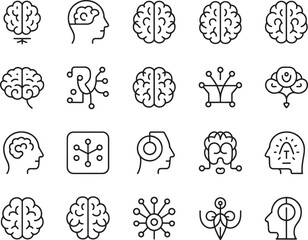 Obraz premium Brain and Artificial Intelligence Line Icons Set with Outline Style, Network Nodes, Gear, and Globe Symbols