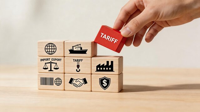 Hand placing red tariff block on wooden cubes with global trade icons, symbolizing import export duties, economic policy, and international commerce regulations for business