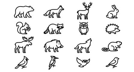 Fototapeta premium Forest Animals Line Icons Set Editable Outline Wildlife Vector Illustration