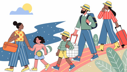 Obraz premium Multicultural family enjoying summer vacation, has just arrived at the resort and is walking with luggage along colorful path with luggage and beach accessories, surrounded by greenery and sunny sky