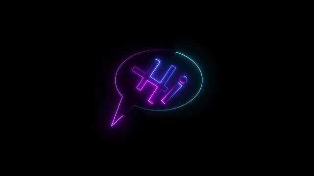 Neon sign with the word hi inside a speech bubble shape glowing with vibrant purple and blue lights isolated on a dark background for social media communication and digital chatting concepts