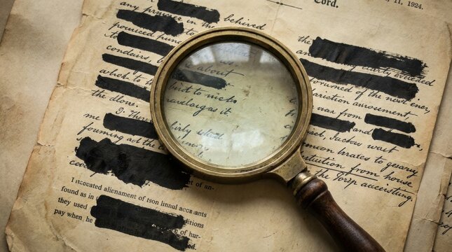 Vintage document with censored text under magnifying glass