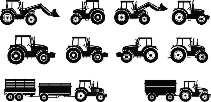 Agricultural tractor and trailer silhouette collection showcasing diverse farming machinery, loaders, cargo transport equipment, rural agriculture vehicle designs