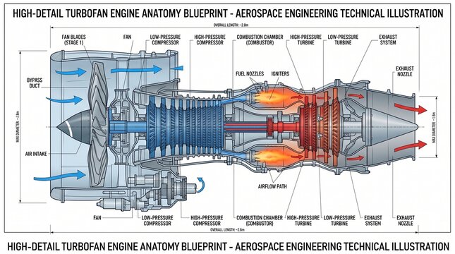 Turbofan Engine Anatomy Blueprint: A detailed technical illustration showcasing the internal components and airflow of a turbofan jet engine, highlighting its engineering complexity.