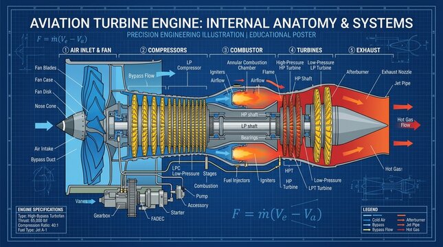 Aviation Turbine Engine: Internal Anatomy & Systems. A detailed blueprint illustration showcasing the intricate workings and components of a jet engine, highlighting its precision engineering.