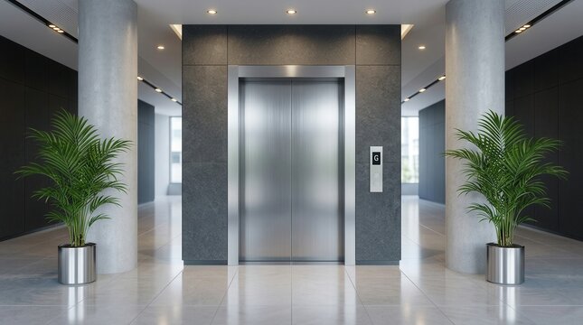 Modern elevator doors in a luxury building hallway with blank media display space.