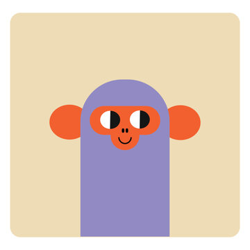 Minimalist cartoon character illustration of a friendly purple monkey with orange ears and eyes