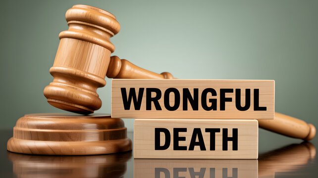 A gavel and blocks with wrongful death on a reflective surface in a courtroom setting