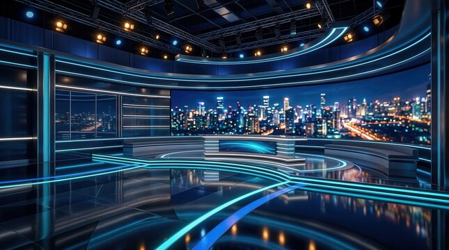 Modern 3D virtual news studio background with city skyline rendering.