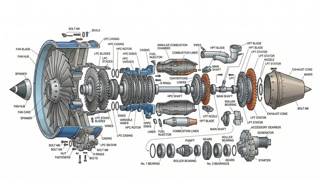 Jet Engine Assembly Diagram: An exploded view illustrates the intricate components and inner workings of a jet engine, revealing its complex engineering and mechanical design.