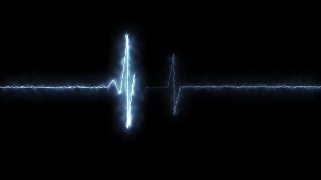 Bright blue glowing heart beat pulse line on a dark black background representing life and medical health monitoring technology concept with electric energy effects for science and emergency care