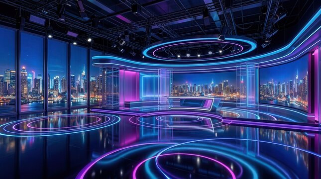 Modern 3D virtual news studio background with cityscape view
