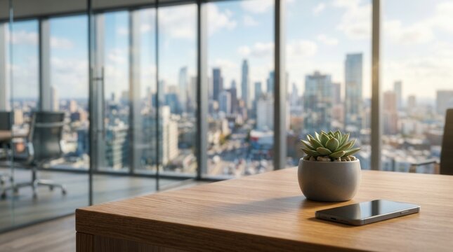 Modern empty office workspace interior design with a blurred city center background.