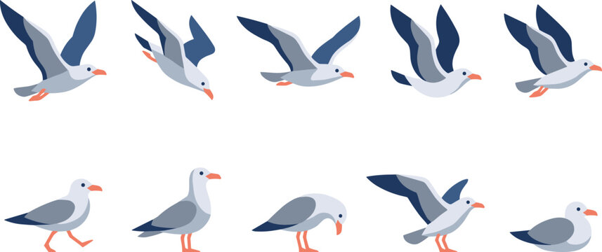 Seagull Animation Sprite Sheet and Flight Cycle Set Featuring Cartoon Sea Birds Flying, Gliding, Walking, Standing, and Pecking on White Background Vector Illustration