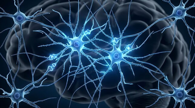 Ultra realistic 3D visualization of interneurons inside human brain complex interconnected neural network glowing in luminous blue tones highly detailed interneuron pathways linking sensory and motor 