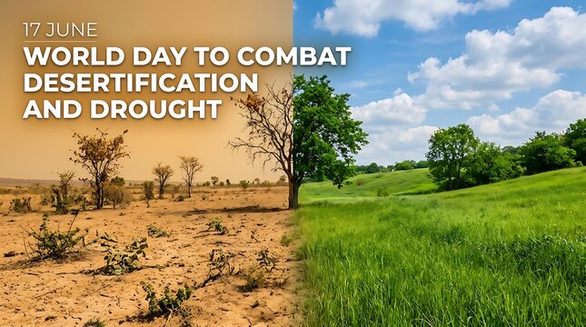 World day to combat desertification and drought showing dry land versus green landscape comparison