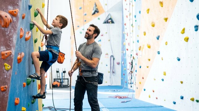 Father Supporting Child at Indoor Climbing Gym with Copy space