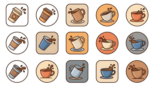 Collection of coffee cup icons with splashing liquid.