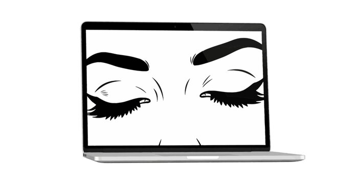Close-up of stylized eyes with dramatic makeup on a laptop screen, digital art