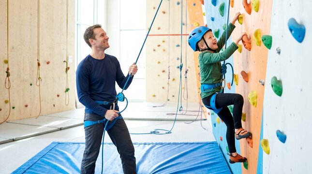 Father Encouraging Son During Indoor Rock Climbing Training
