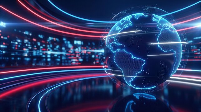 3D digital world breaking news studio background for live reports