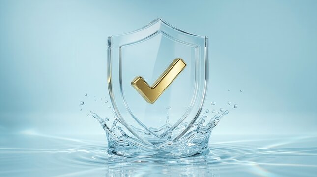3D render of a glass shield with a gold tick sign on a blue background representing secure data protection.
