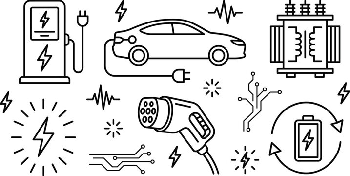 Electric vehicle and EV charging station vector line icons set featuring car battery plug transformer green energy technology
