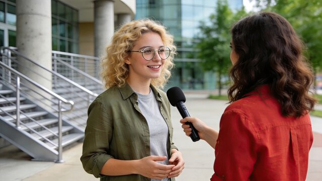 Female reporter interviewing smiling young student with curly blonde hair and glasses outside modern university building campus, journalism concept.