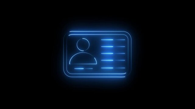 Glowing blue neon id card icon with user avatar profile symbol representing digital identification and electronic security access badge on a dark background