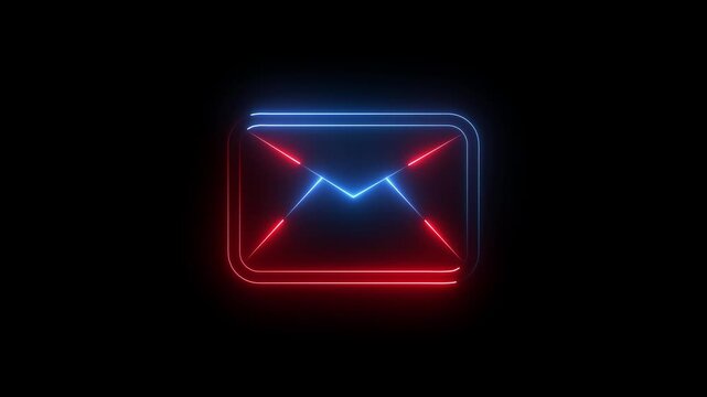 Glowing neon envelope icon with bright blue and red light lines isolated on a dark black background representing digital communication messaging email and contact concepts for technology web design