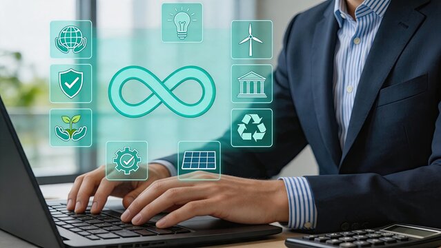 Businessman typing on laptop with holographic sustainability icons, green energy concept, ESG strategy, corporate social responsibility, infinite loop symbol, renewable power