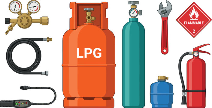 LPG Gas Cylinder Vector Icon Set with Flammable Oxygen Tank, Pressure Regulator Gauge, Fire Extinguisher, Hose, and Welding Safety Equipment Designs