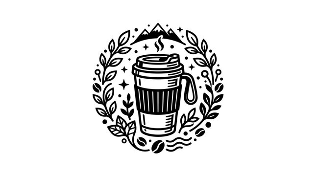 Black and white coffee cup illustration.