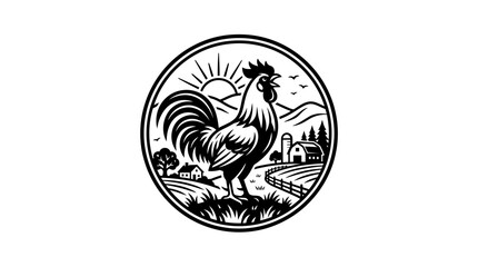 Rooster Farm Animal Black White Illustration. © abeul