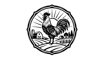 Rooster Farm Animal Black White Illustration. © abeul
