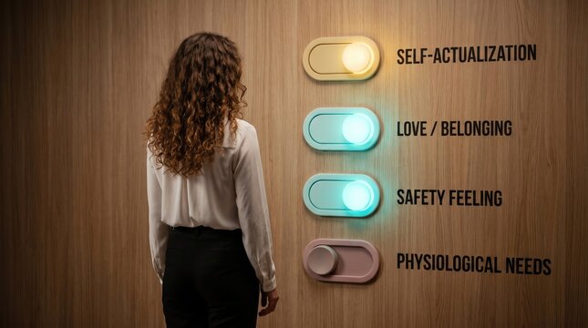 Woman choosing self actualization needs on a psychological concept panel