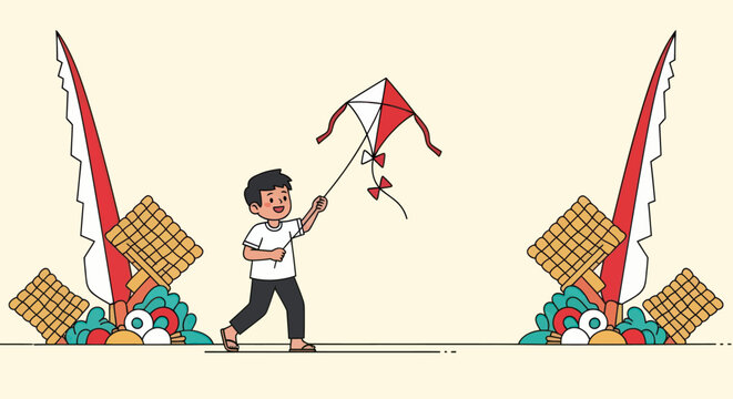 Illustration of a boy flying a kite against a backdrop with decorative elements