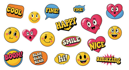 Fototapeta premium Collection of colorful 90s style emoticon stickers with happy smiling faces and expressions on white