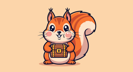 A cute cartoon squirrel, orange and white, holding a wooden treasure chest, standing upright © Septidiana