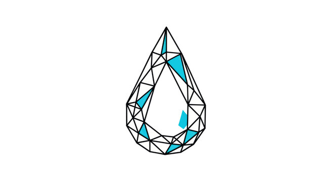 An abstract, geometric teardrop shape constructed from black lines, with teal interior triangles