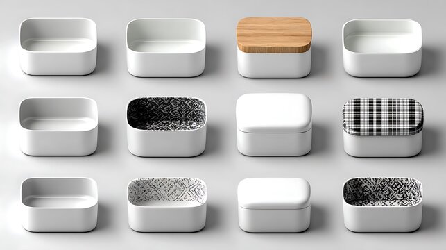 Twelve square containers with lids in white wood and patterned boxes
