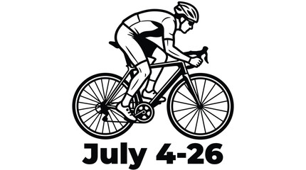 Fototapeta premium A cyclist silhouette racing on road bike with July dates text is a monochrome graphic illustration depicting endurance sports event schedule for summer competitions.