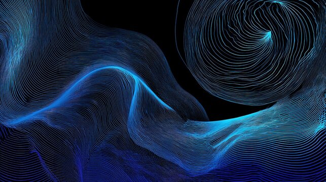 Energetic abstract artwork with thin parallel flowing lines in blue-cyan gradient, dynamic wave patterns and varied spirals on dark background, modern textured graphic for decor